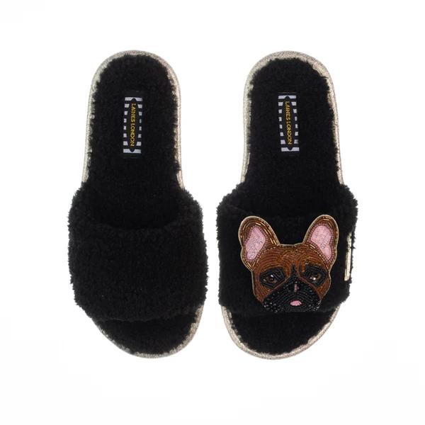 Laines London Teddy Toweling Slippers With Cookie The Frenchie Brooch