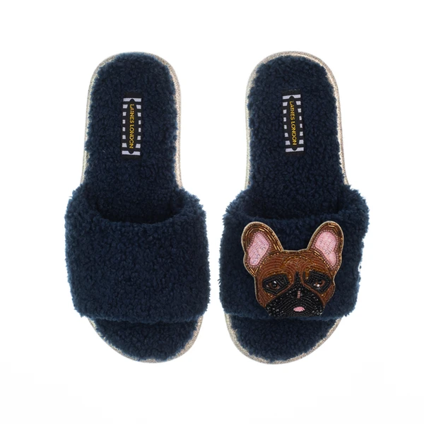 Laines London Teddy Toweling Slippers With Cookie The Frenchie Brooch