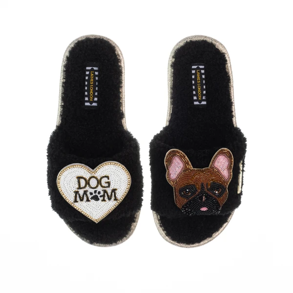 Laines London Teddy Toweling Slippers With Cookie The Frenchie & Dog Mum /Mom Brooches