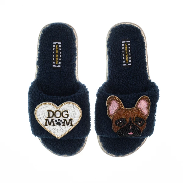 Laines London Teddy Toweling Slippers With Cookie The Frenchie & Dog Mum /Mom Brooches
