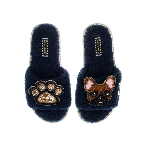 Laines London Teddy Toweling Slippers With Cookie The Frenchie & Paw Brooches