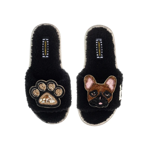 laines london Teddy Toweling Slippers With Cookie The Frenchie & Paw Brooches