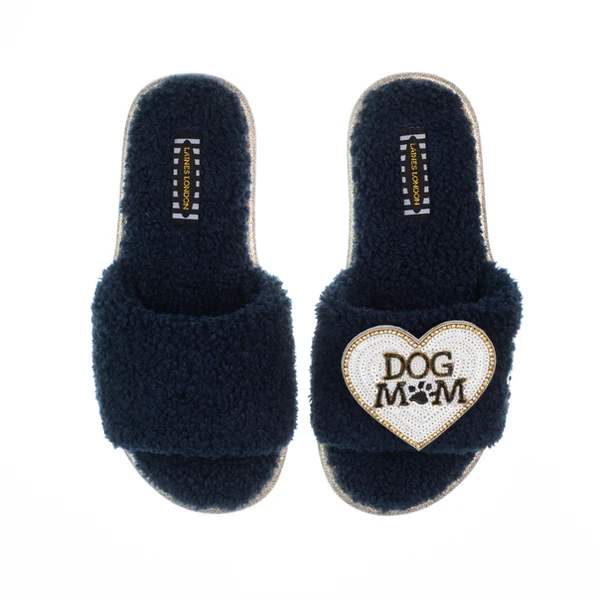 Laines London Teddy Toweling Slippers With Dog Mum Brooch