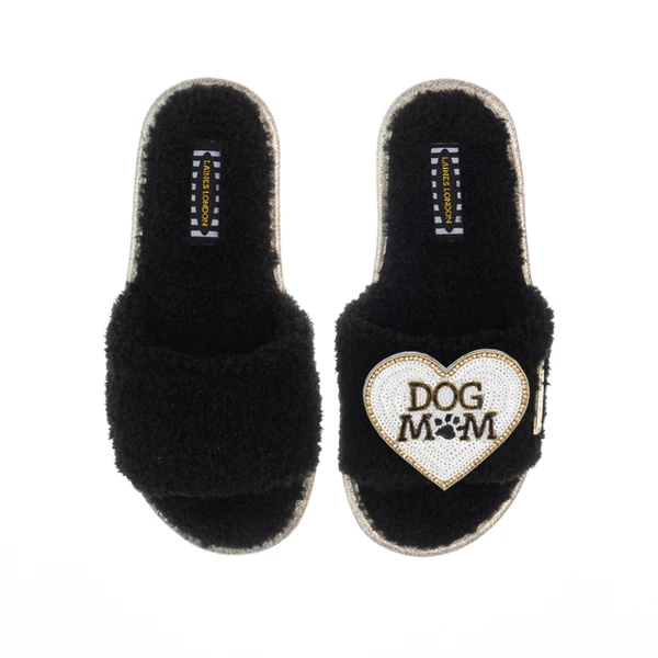 Laines London Teddy Toweling Slippers With Dog Mum Brooch