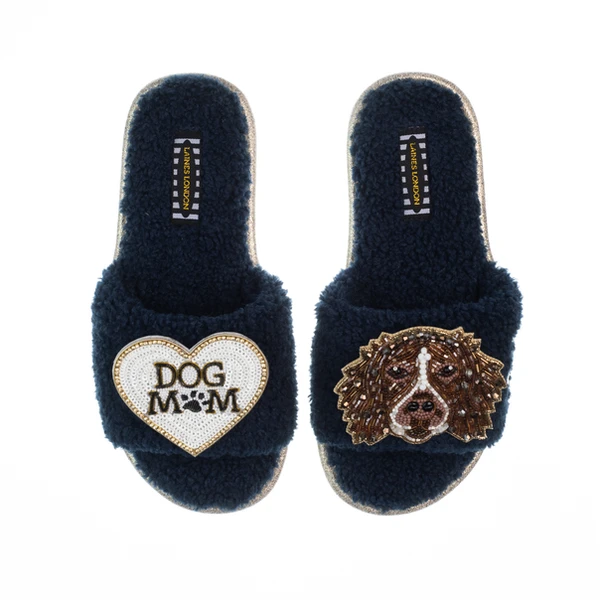Laines London Teddy Toweling Slippers With Duke The Spaniel & Dog Mum /Mom Brooches