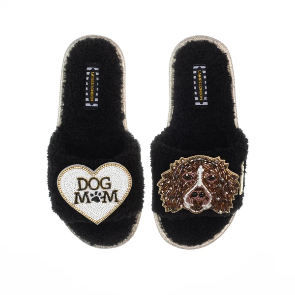 Laines London Teddy Toweling Slippers With Duke The Spaniel & Dog Mum /Mom Brooches