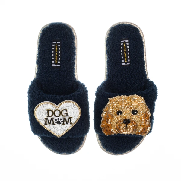 Laines London Teddy Toweling Slippers With Enki-Doo The Cockapoo & Dog Mum /Mom Brooches