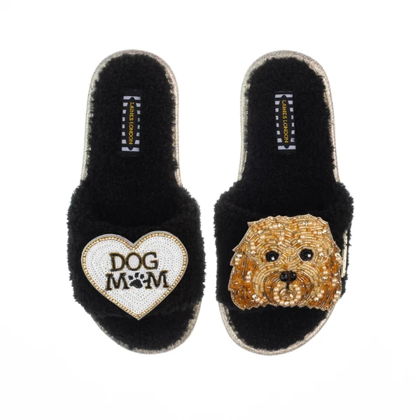 laines london Teddy Toweling Slippers With Enki-Doo The Cockapoo & Dog Mum /Mom Brooches
