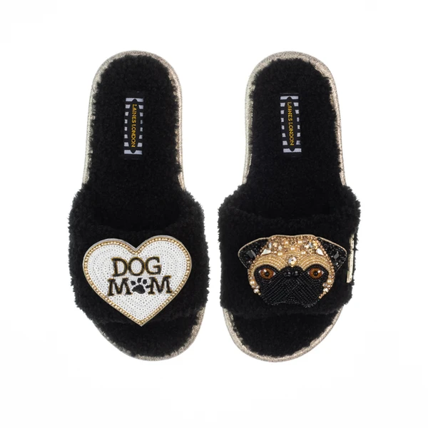 Laines London Teddy Toweling Slippers With Franki & Dog Mum /Mom Brooches