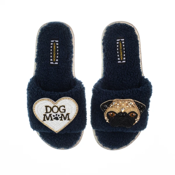 Laines London Teddy Toweling Slippers With Franki & Dog Mum /Mom Brooches