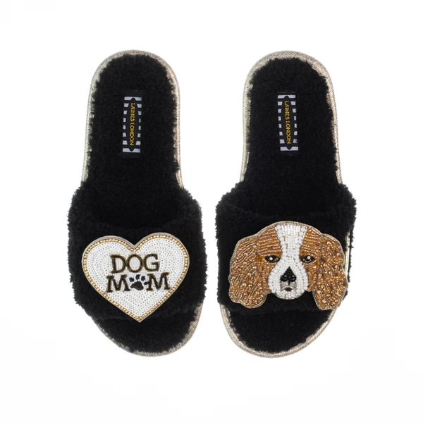 Laines London Teddy Toweling Slippers With Lady The King Charles & Dog Mum /Mom Brooches