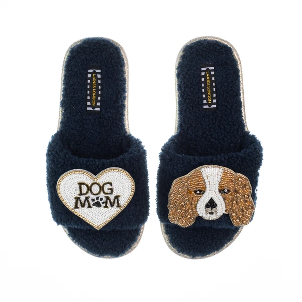 laines london Teddy Toweling Slippers With Lady The King Charles & Dog Mum /Mom Brooches