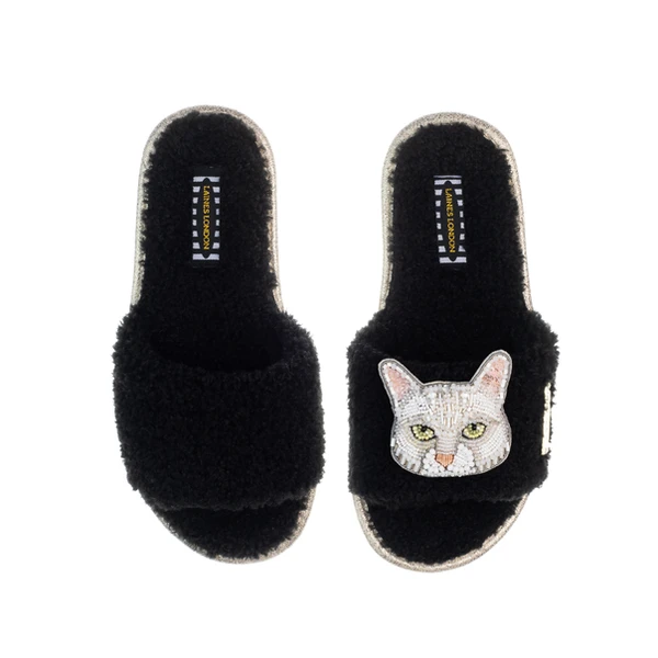 Laines London Teddy Toweling Slippers With Lily Cat Brooch