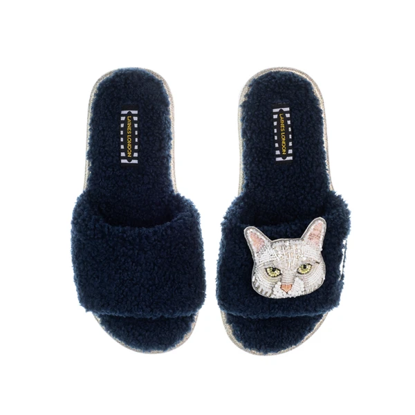 Laines London Teddy Toweling Slippers With Lily Cat Brooch