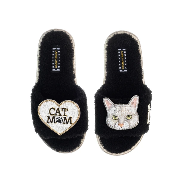 Laines London Teddy Toweling Slippers With Lily Cat & Cat Mom / Mum Brooches