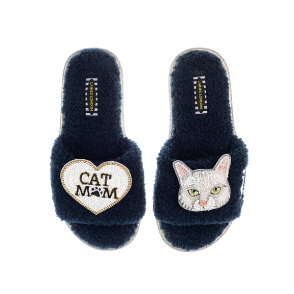 Laines London Teddy Toweling Slippers With Lily Cat & Cat Mom / Mum Brooches