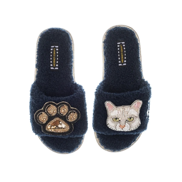 Laines London Teddy Toweling Slippers With Lily The White Cat & Paw Brooches