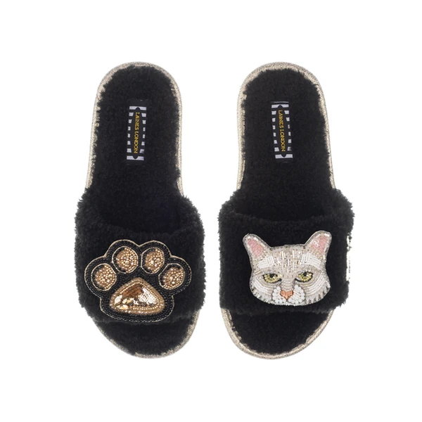 Laines London Teddy Toweling Slippers With Lily The White Cat & Paw Brooches