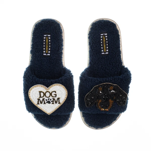 Laines London Teddy Toweling Slippers With Little Sausage & Dog Mum /Mom Brooches