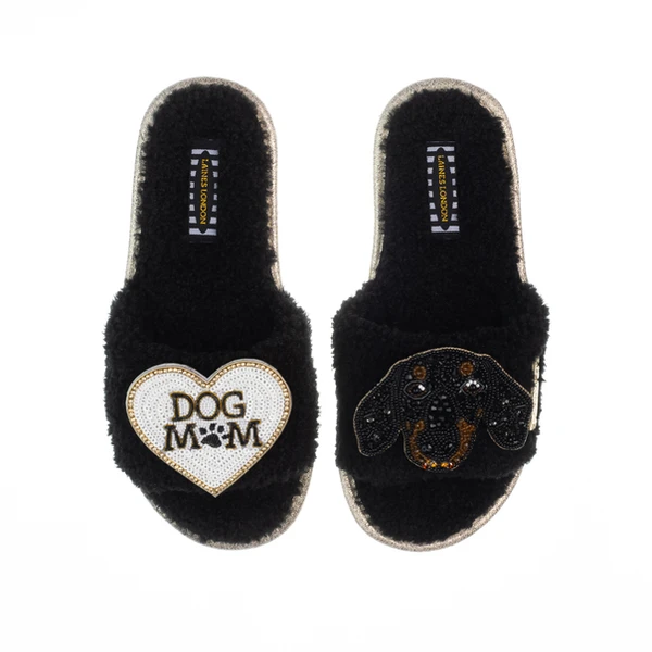 laines london Teddy Toweling Slippers With Little Sausage & Dog Mum /Mom Brooches