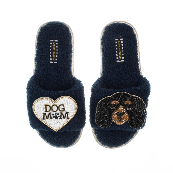 Laines London Teddy Toweling Slippers With Louie The King Charles & Dog Mum /Mom Brooches