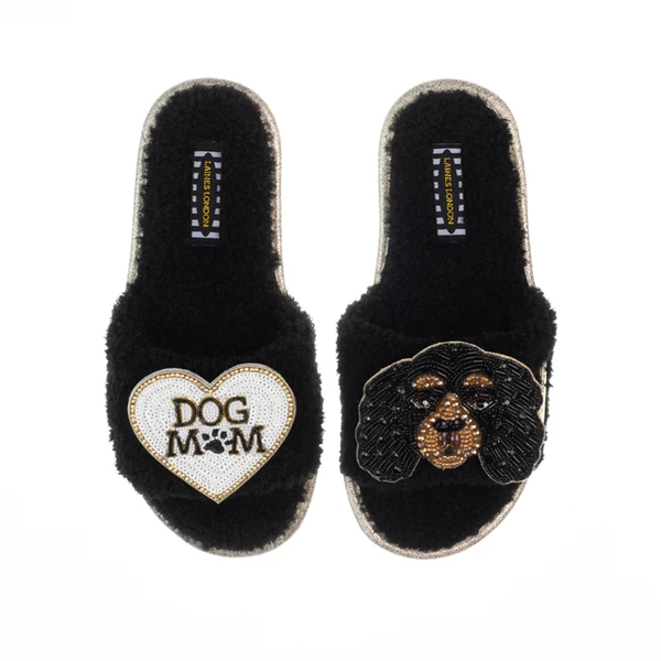 Laines London Teddy Toweling Slippers With Louie The King Charles & Dog Mum /Mom Brooches
