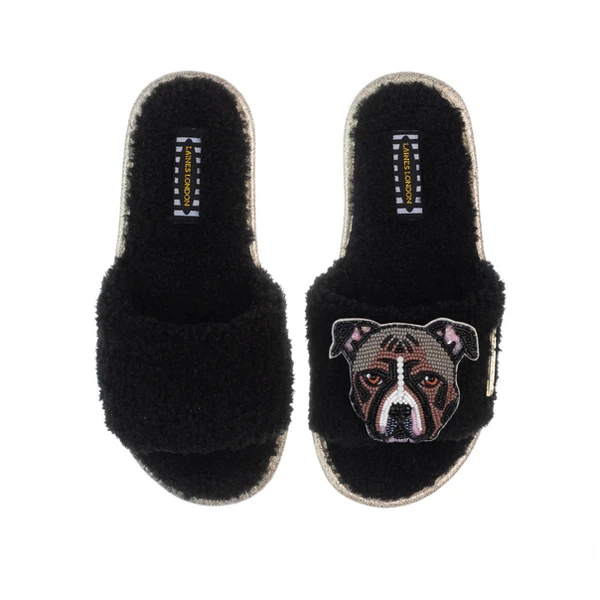 Laines London Teddy Toweling Slippers With Luna-Rose Staffy Brooch