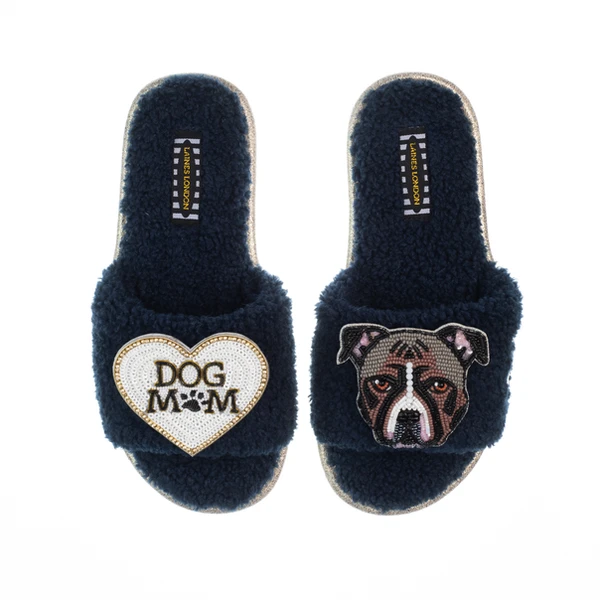 Laines London Teddy Toweling Slippers With Luna-Rose Staffy & Dog Mum /Mom Brooches