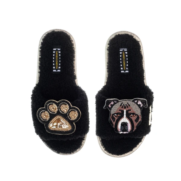 Laines London Teddy Toweling Slippers With Luna-Rose Staffy & Paw Brooches