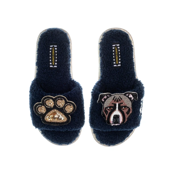 Laines London Teddy Toweling Slippers With Luna-Rose Staffy & Paw Brooches