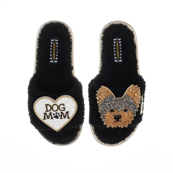 Laines London Teddy Toweling Slippers With Minnie Yorkie & Dog Mum /Mom Brooches
