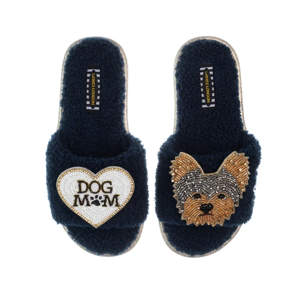 laines london Teddy Toweling Slippers With Minnie Yorkie & Dog Mum /Mom Brooches