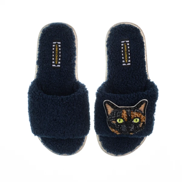 Laines London Teddy Toweling Slippers With Misty Cat Brooch