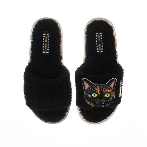 Laines London Teddy Toweling Slippers With Misty Cat Brooch
