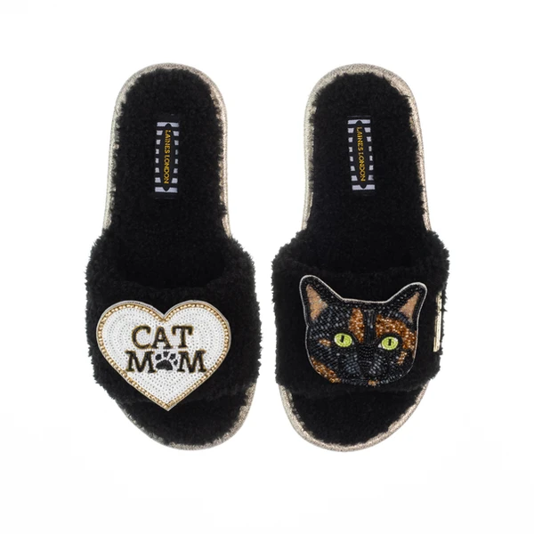 Laines London Teddy Toweling Slippers With Misty Cat & Cat Mom / Mum Brooches