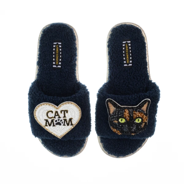 laines london Teddy Toweling Slippers With Misty Cat & Cat Mom / Mum Brooches