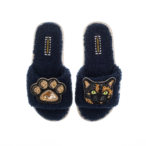 Laines London Teddy Toweling Slippers With Misty The Tortoise Shell Cat & Paw Brooches