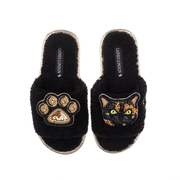 laines london Teddy Toweling Slippers With Misty The Tortoise Shell Cat & Paw Brooches