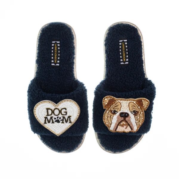 Laines London Teddy Toweling Slippers With Mr Beefy The Bulldog & Dog Mum /Mom Brooches