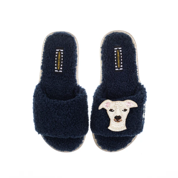 Laines London Teddy Toweling Slippers With Olive The Iggy Brooch