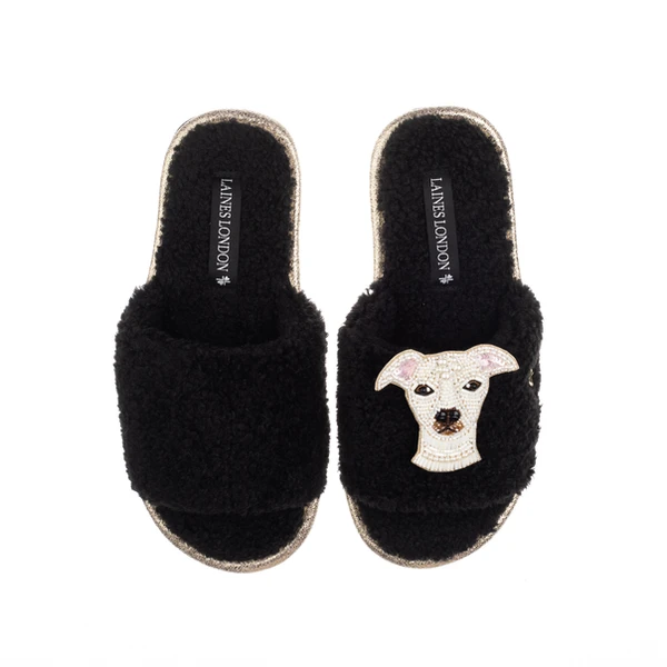 Laines London Teddy Toweling Slippers With Olive The Iggy Brooch