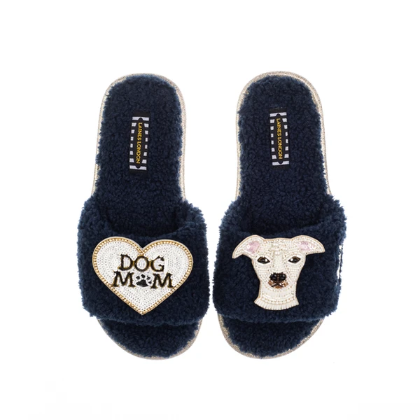 Laines London Teddy Toweling Slippers With Olive The Iggy & Dog Mum / Mom Brooches