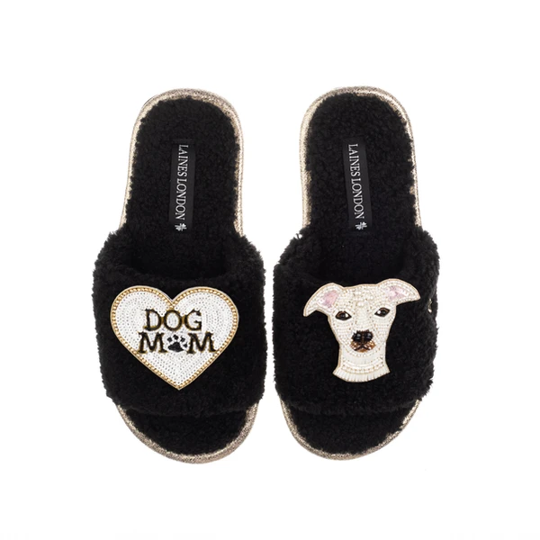 Laines London Teddy Toweling Slippers With Olive The Iggy & Dog Mum / Mom Brooches