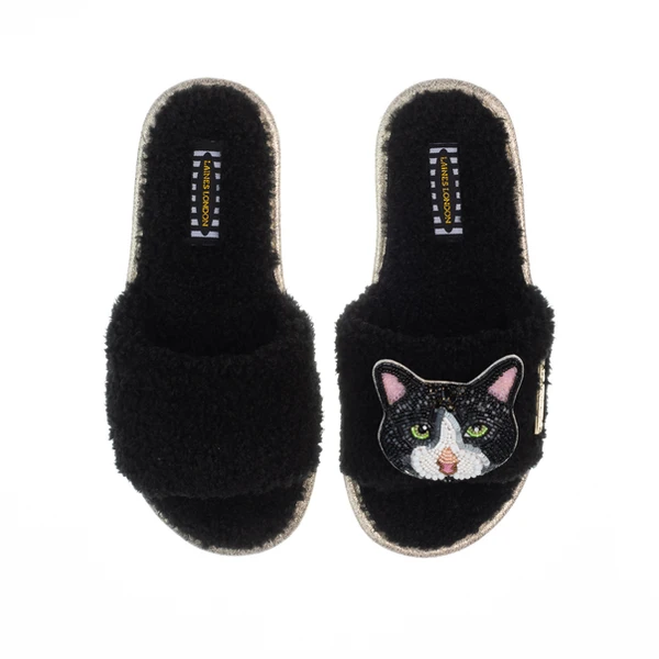 laines london Teddy Toweling Slippers With Oreo Cat Brooch