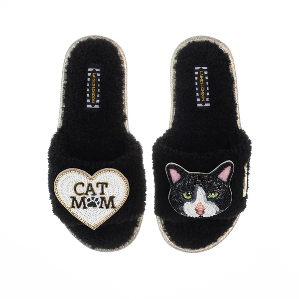 Laines London Teddy Toweling Slippers With Oreo & Cat Mom / Mum Brooches