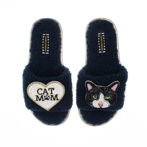laines london Teddy Toweling Slippers With Oreo & Cat Mom / Mum Brooches