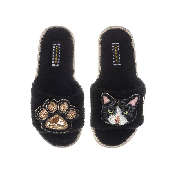 Laines London Teddy Toweling Slippers With Oreo The Black & White Cat & Paw Brooches