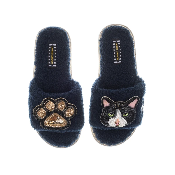 Laines London Teddy Toweling Slippers With Oreo The Black & White Cat & Paw Brooches
