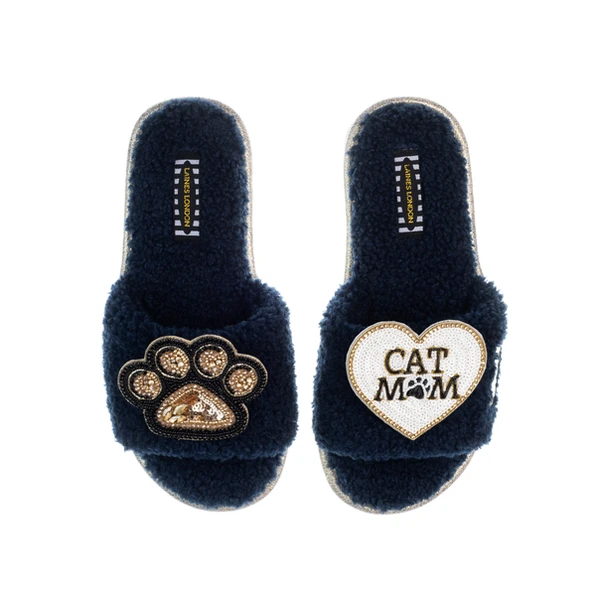 Laines London Teddy Toweling Slippers With Paw & Cat Mom / Mum Brooches