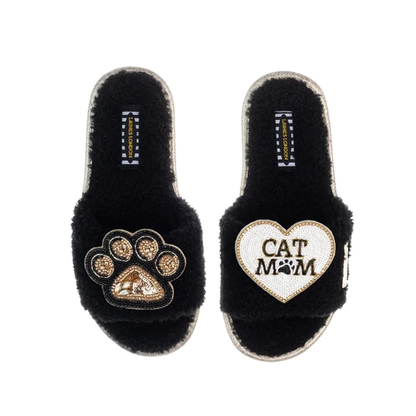 Laines London Teddy Toweling Slippers With Paw & Cat Mom / Mum Brooches